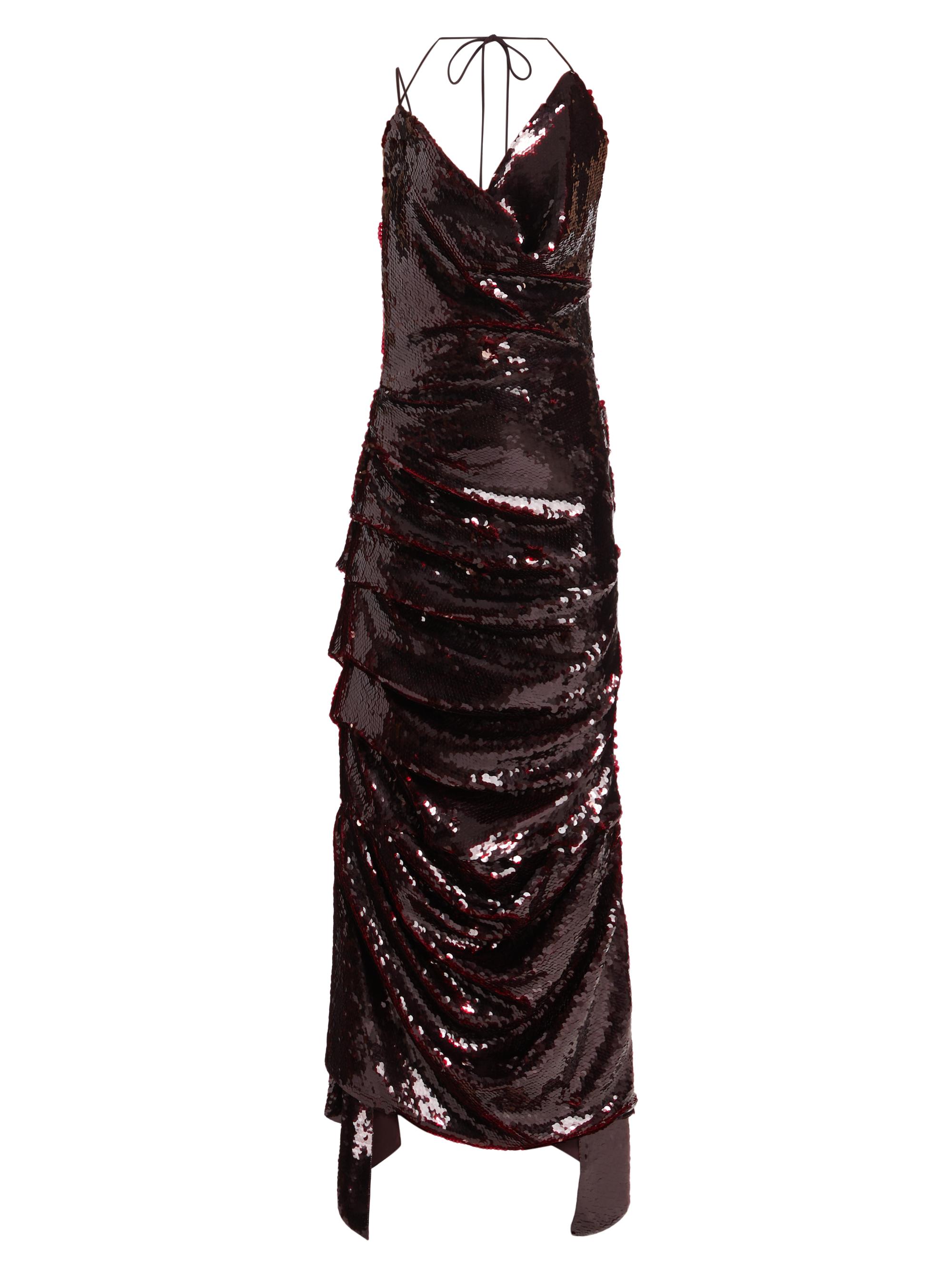 A.W.A.K.E. Mode Women's Sequined Fitted Asymmetric Ruched Gown - Burgundy