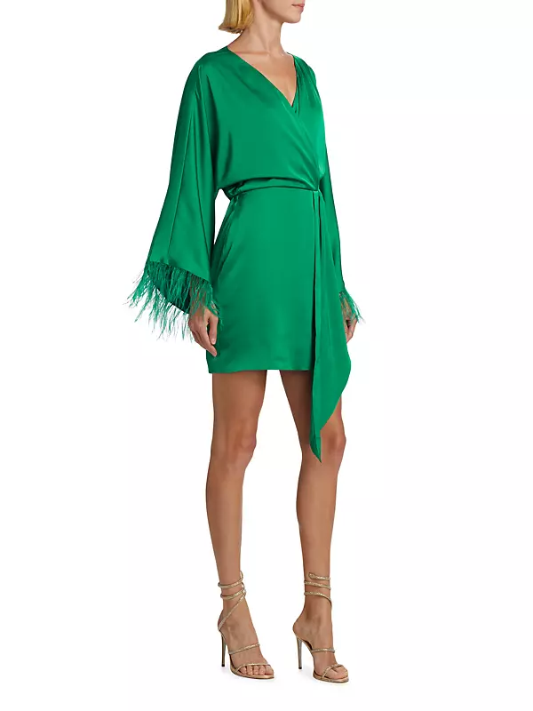 Patbo | Pleated Feather Trim Mini Dress Runway | Green