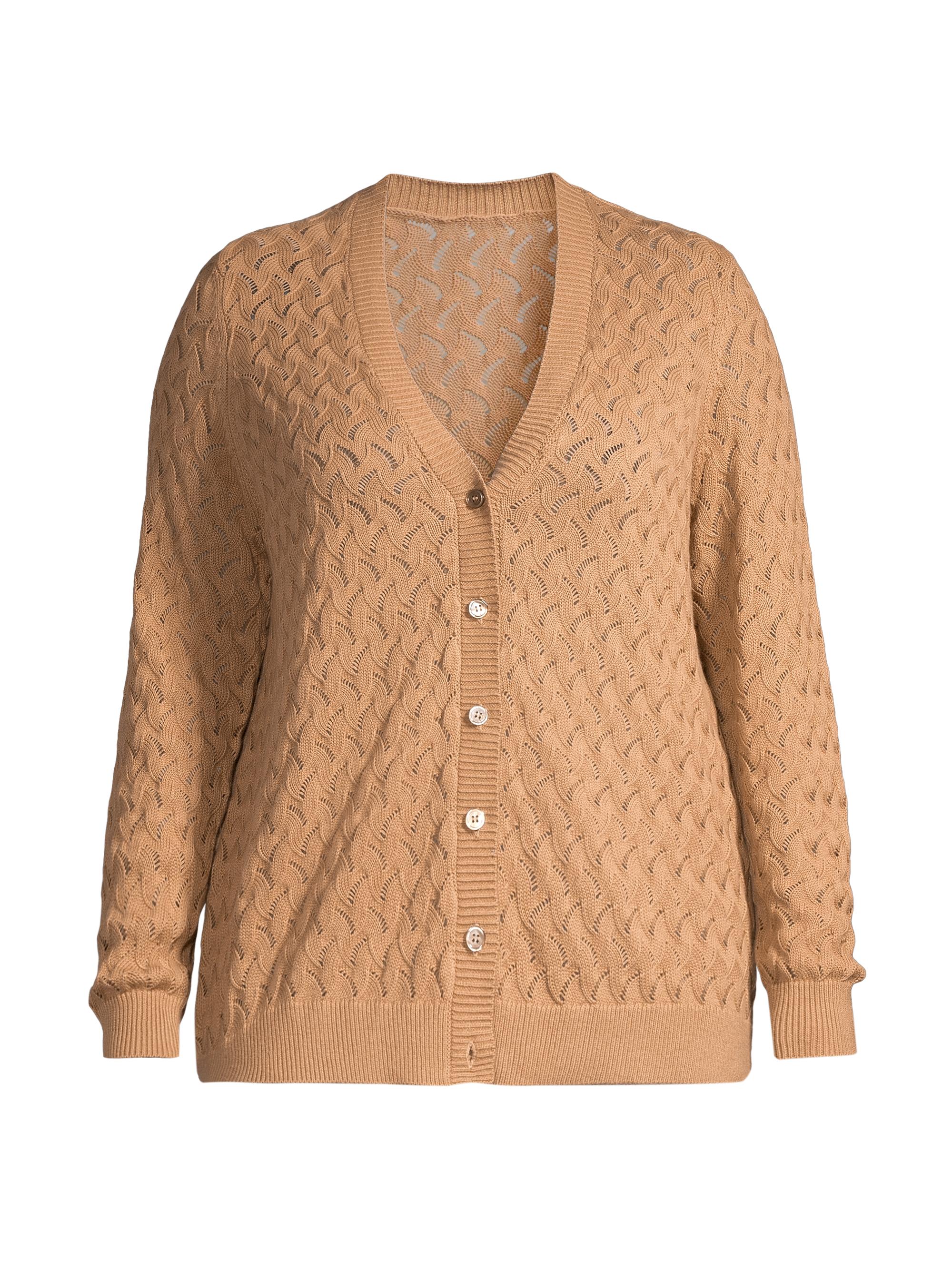 Minnie Rose Women's Cotton-Blend Pointelle-Knit Cardigan - Camel