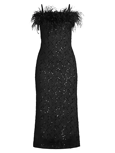 Lucca Beaded Feather-Embellished Midi-Dress