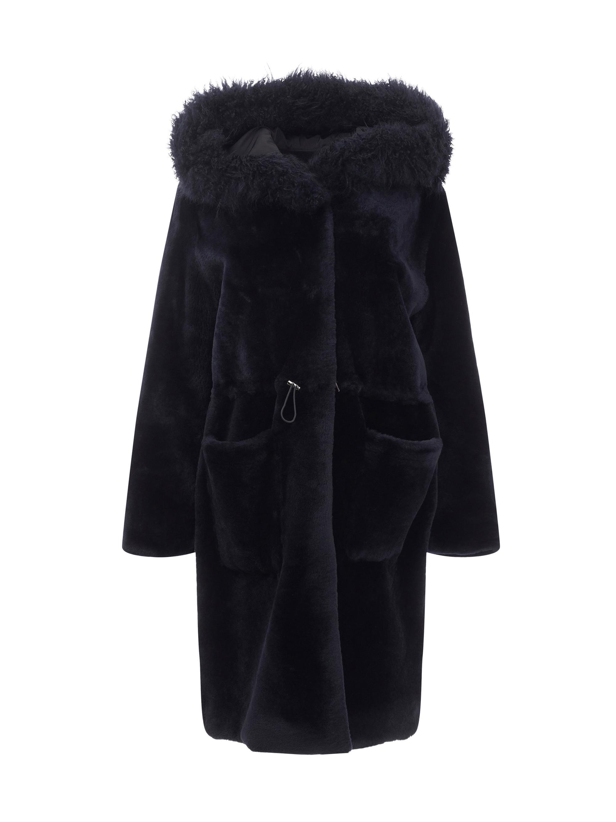 Gorski Women's Shearling Lamb Parka with Cashmere Goat Hood Trim Coat - Navy Blue