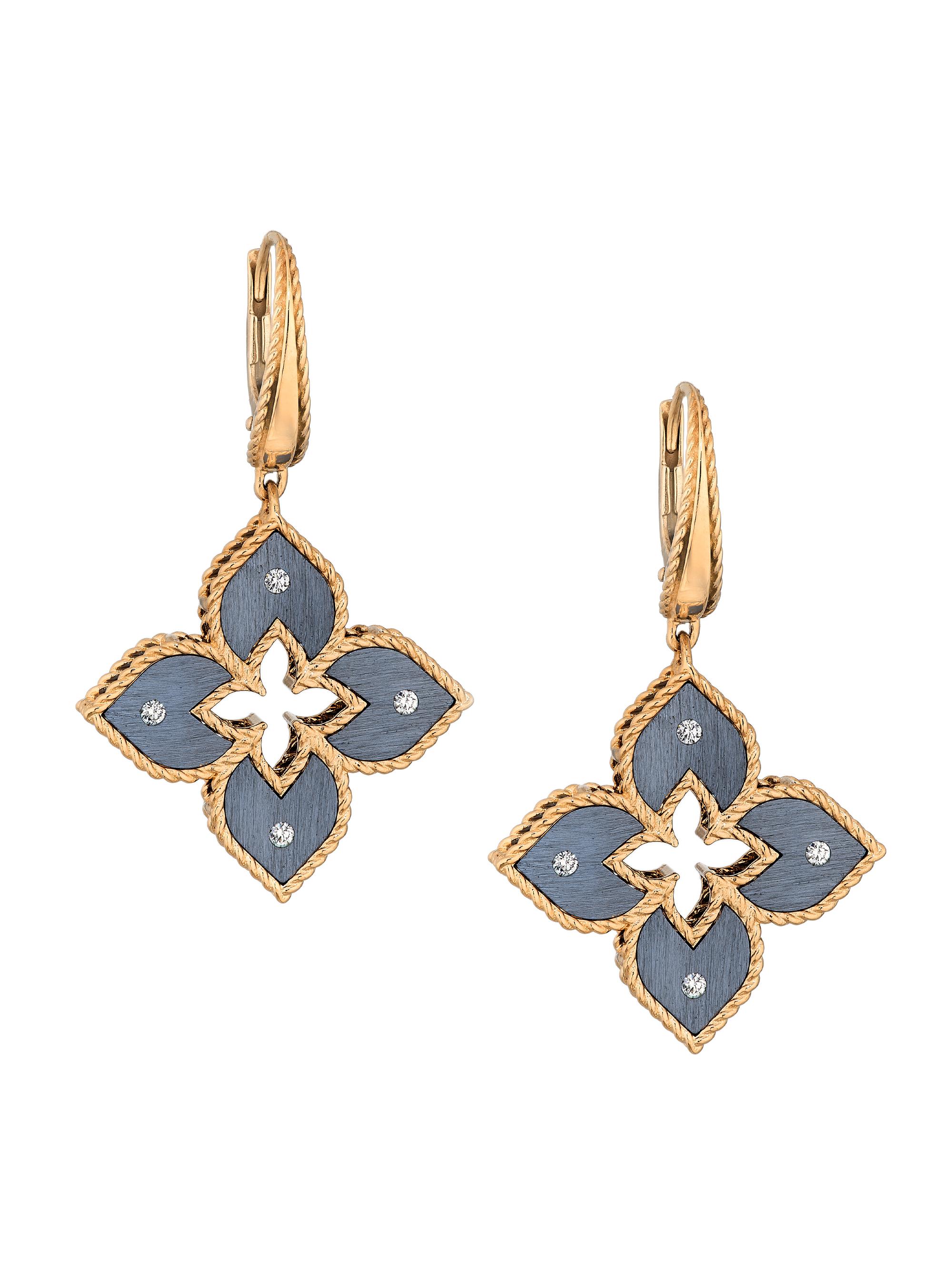 Roberto Coin Women's Venetian Princess 18K Rose Gold, Blue Titanium & 0.09 TCW Diamond  Flower Drop Earrings - Rose Gold