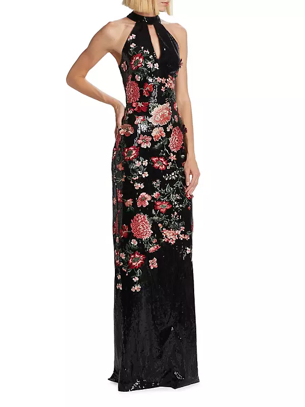 Shop Marchesa Notte Floral Sequin Tulle Halter Gown