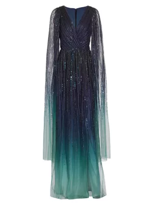 Marchesa Notte Women's Embellished Chiffon Cape-Sleeve Gown - Navy Multi