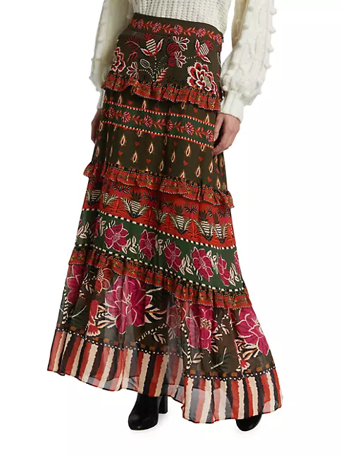 Farm Rio Women's Ainika Floral Tiered Maxi Skirt - Size Xs Neutral