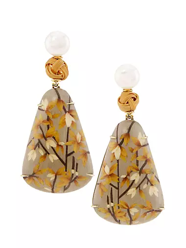 Marquetry 18K Yellow Gold, Cultured Pearl & Bamboo Drop Earrings