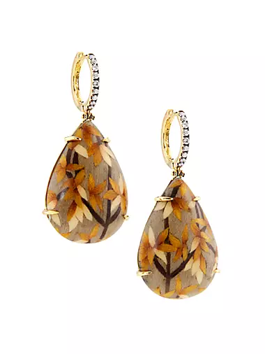 Marquetry 18K Yellow Gold, 0.17 TCW Diamond & Wood Drop Earrings