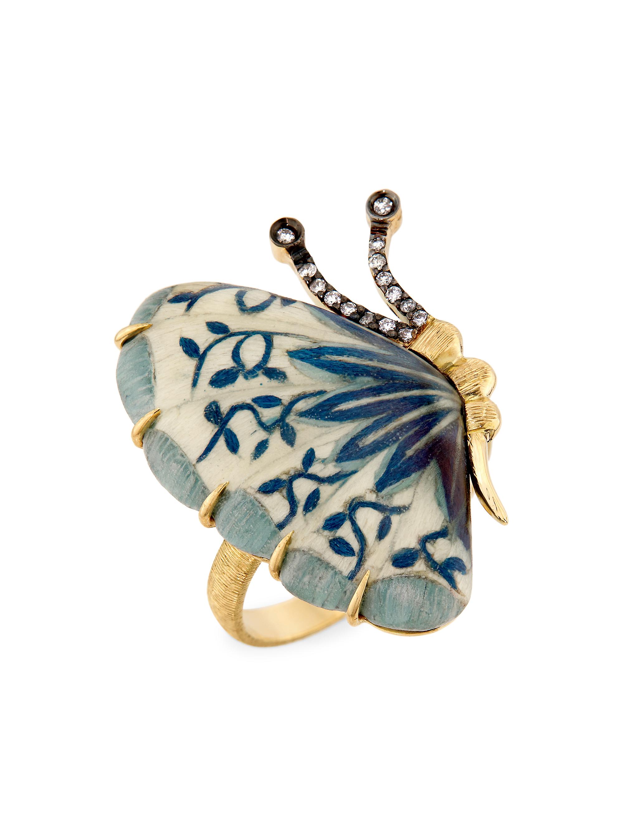 Silvia Furmanovich Women's Marquetry Butterfly 18K Yellow Gold, 0.06 TCW Diamond & Wood Ring