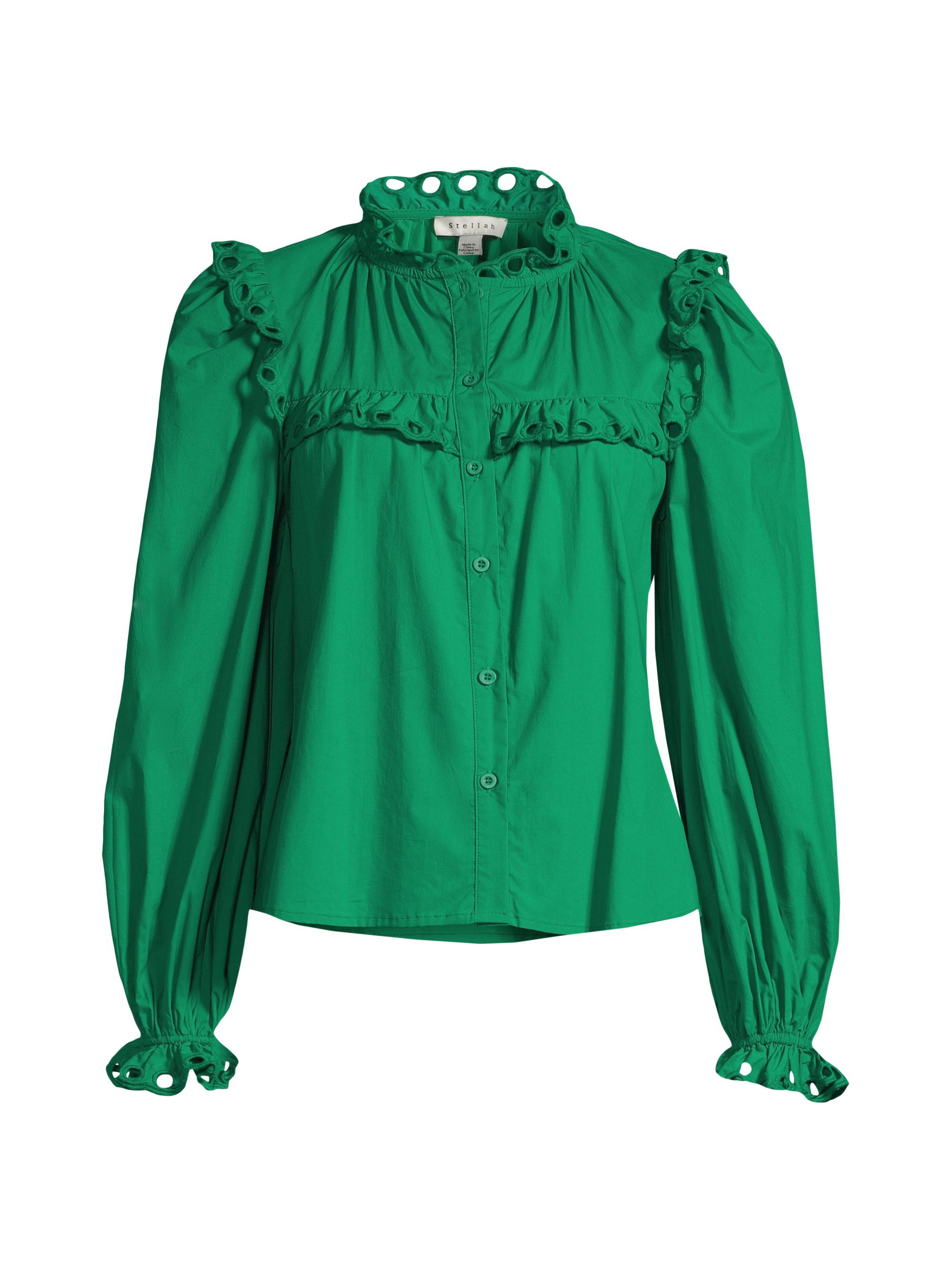 stellah Women's Eyelet-Trimmed Cotton Poplin Button-Front Shirt - Green