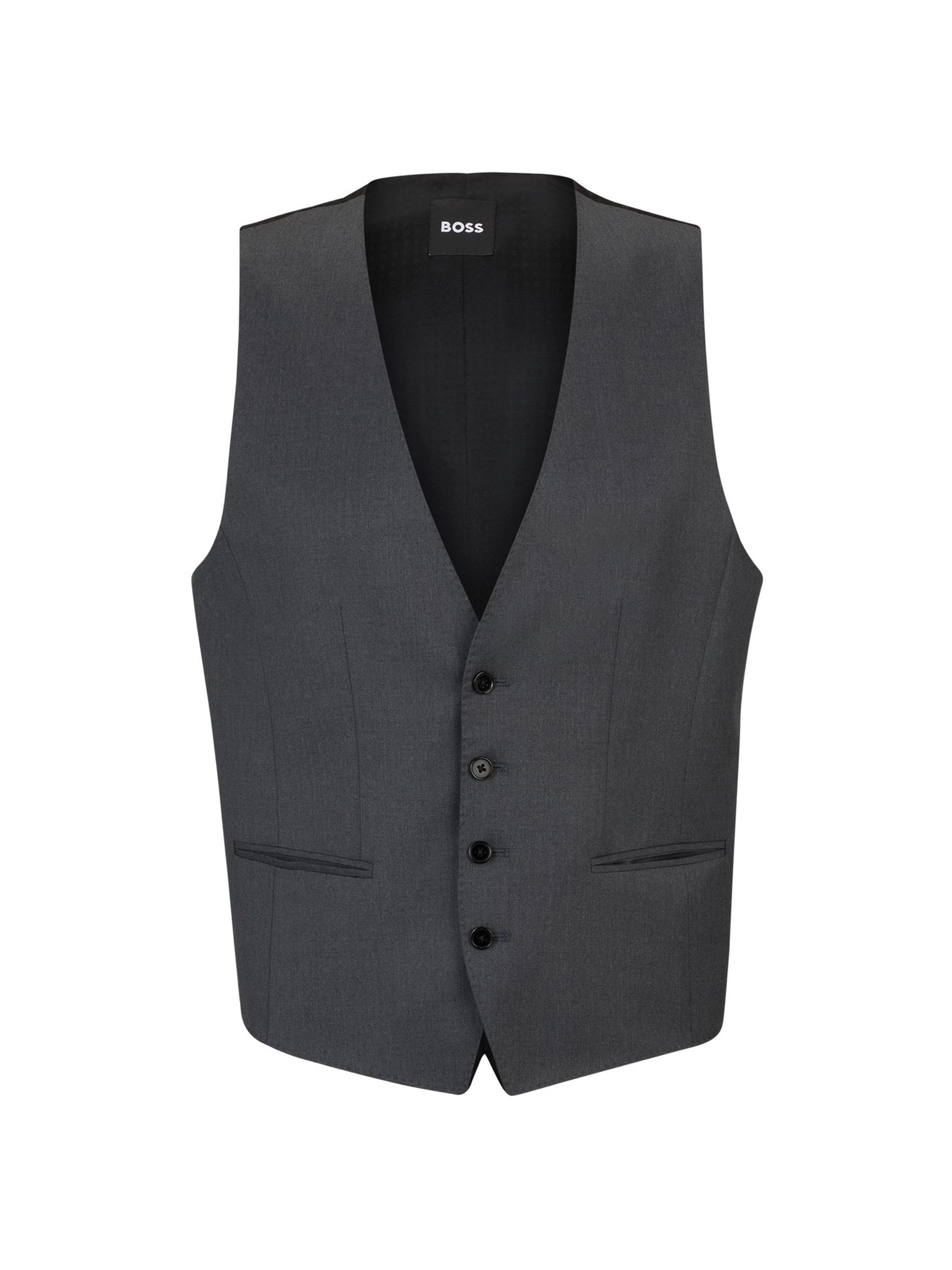 BOSS Men's Single-Breasted Waistcoat in Virgin-Wool Serge - Dark Grey