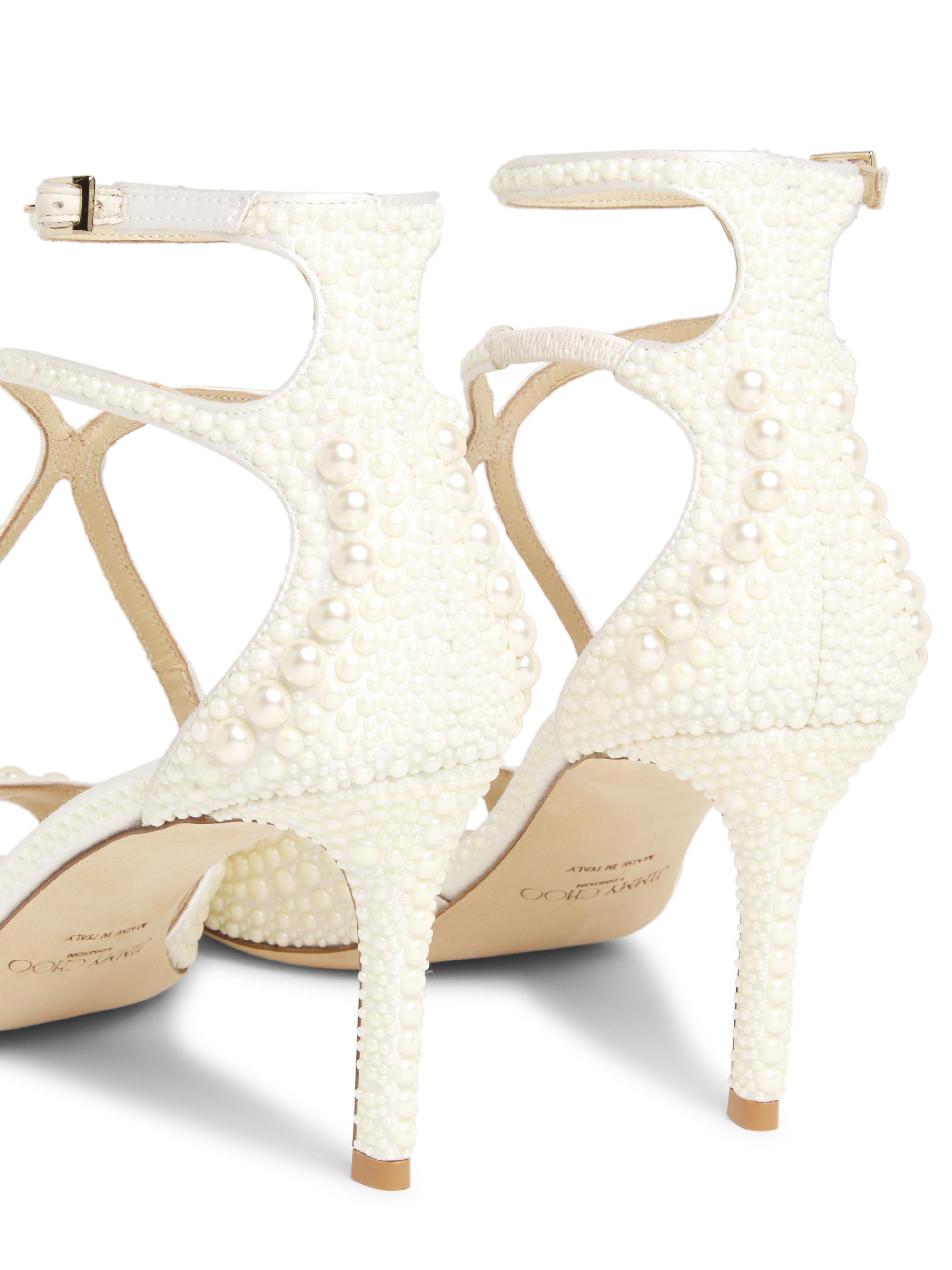 Jimmy Choo Azia 75MM Pearl-Embellished Satin Sandals | Saks Fifth