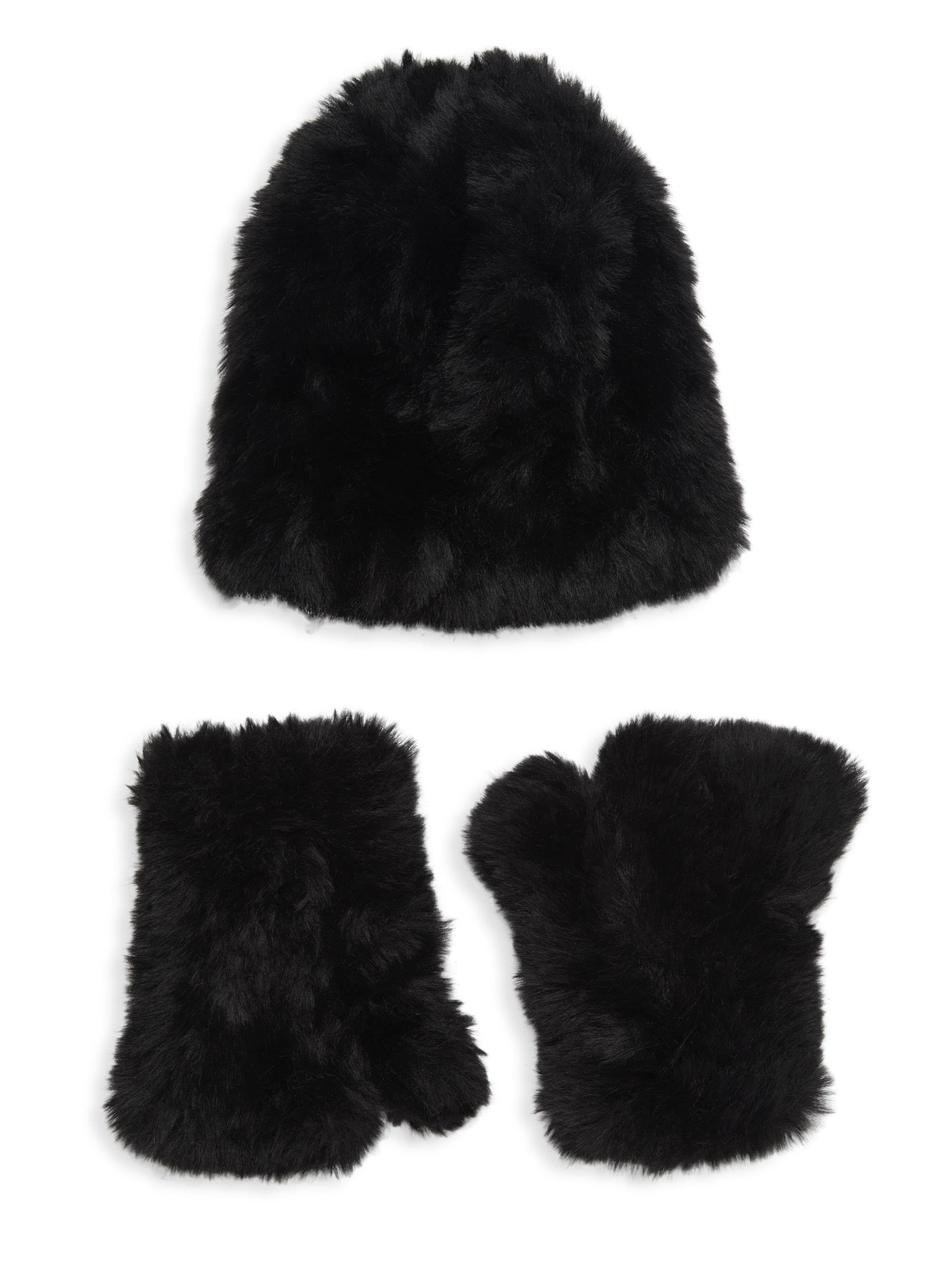 Surell Women's Faux Fur Beanie & Mittens Set - Black