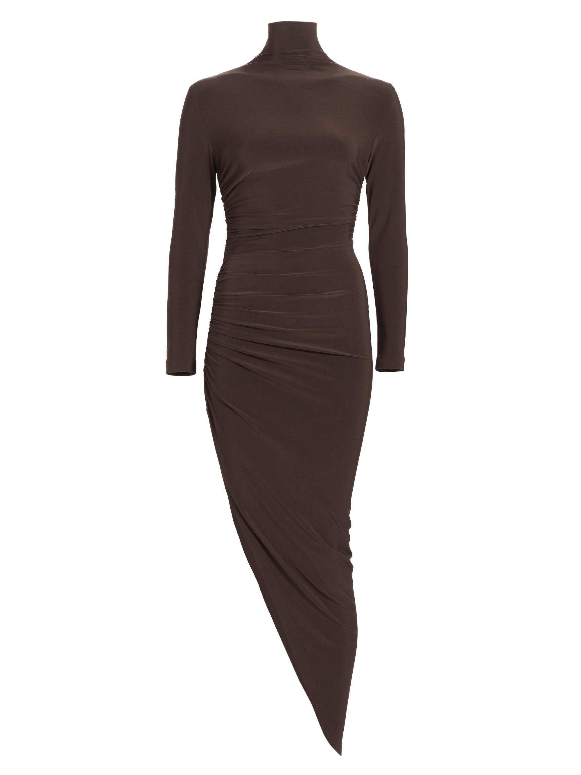 Norma Kamali Women's Long-Sleeve Turtleneck Side-Drape Midi Dress - Chocolate