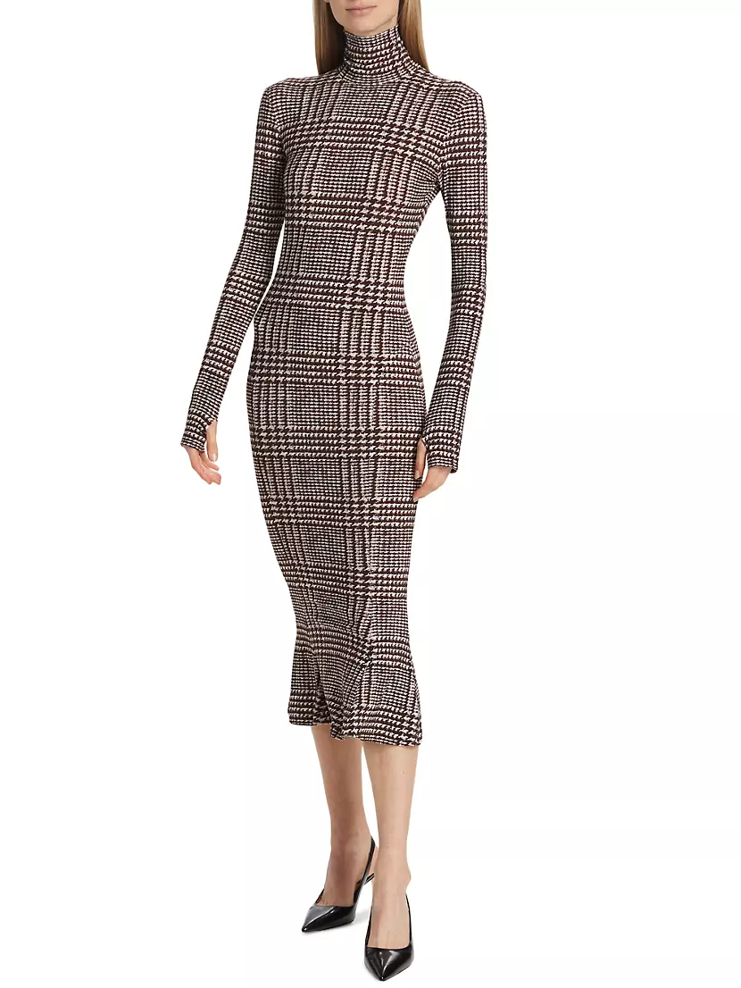 Shop Norma Kamali Plaid Tweed Long-Sleeve Turtleneck Fishtail