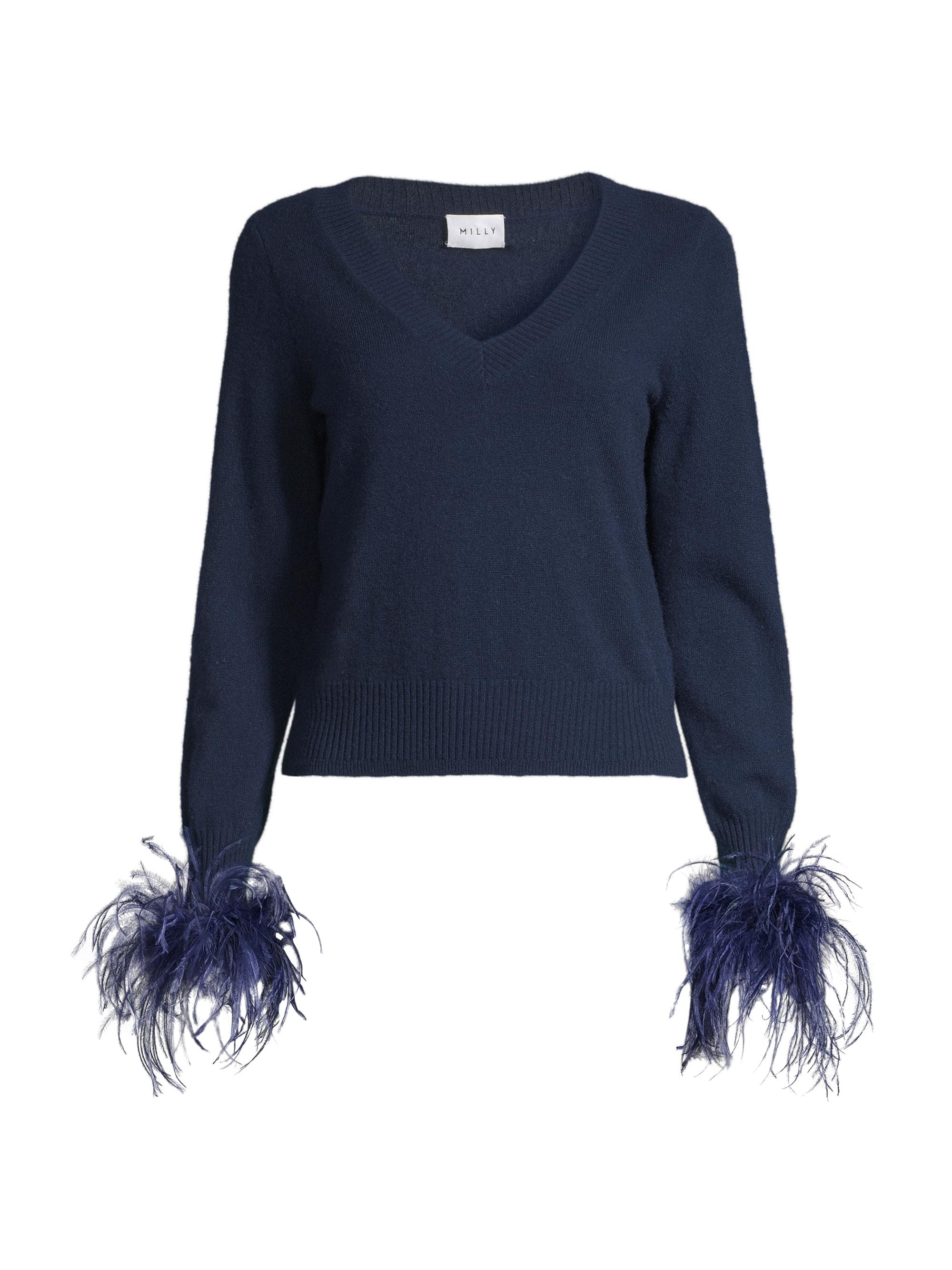 Milly Women's V-Neck Feather-Cuff Sweater - Navy