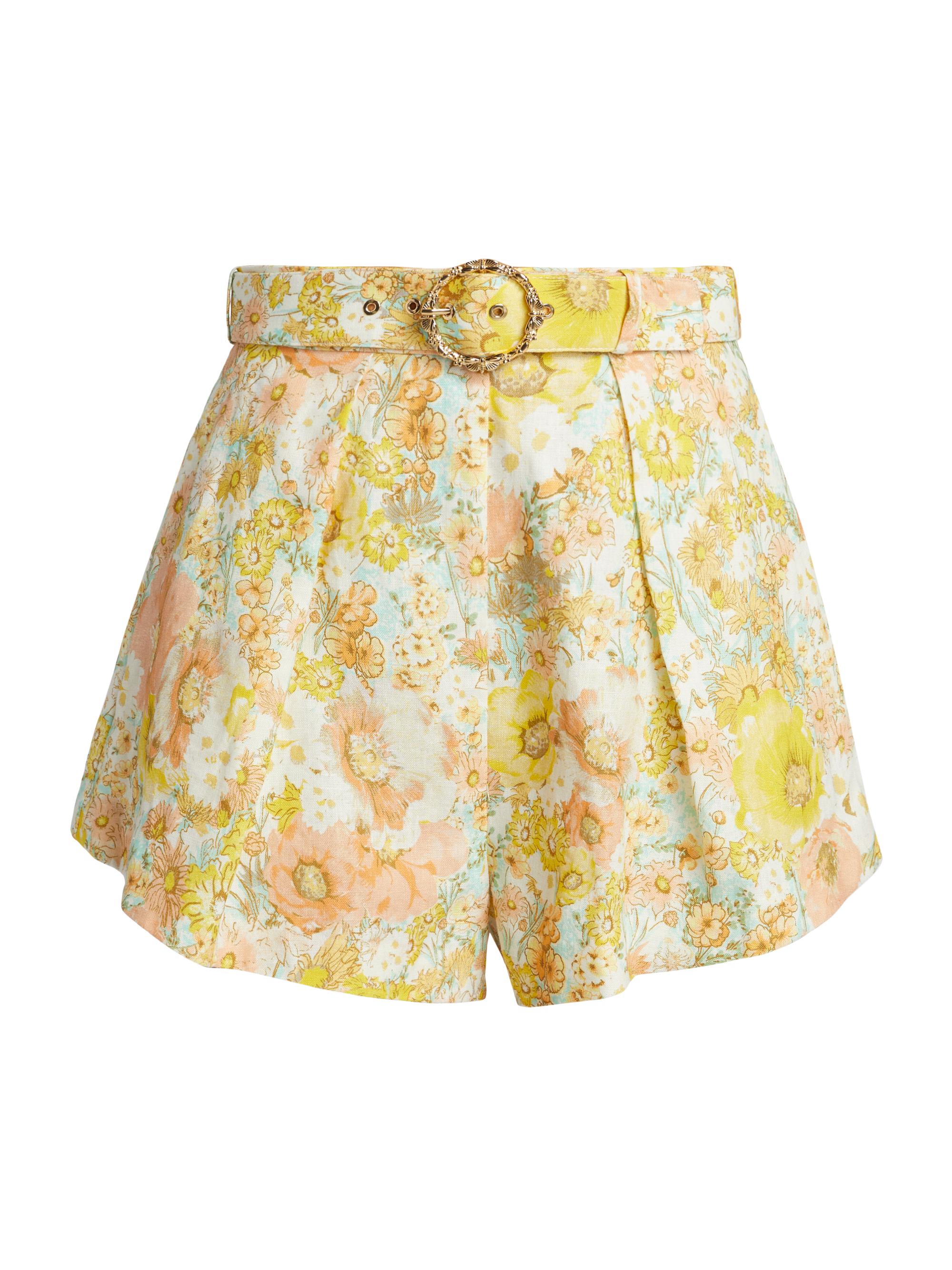 Zimmermann Women's Floral Linen Belted Tuck Shorts - Lemon Meadow