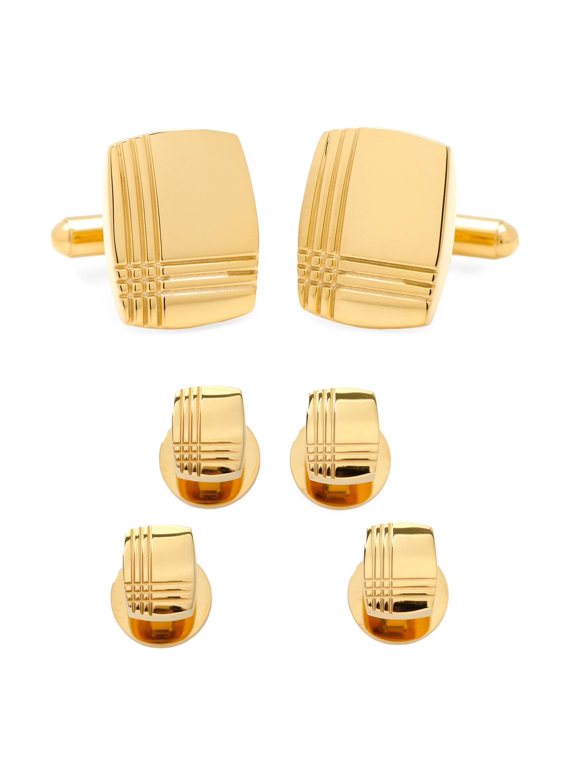 Cufflinks, Inc. Men's Ox And Bull Trading Co. Plaid Gold-Plated Stainless Steel Stud & Cufflink Set - Gold