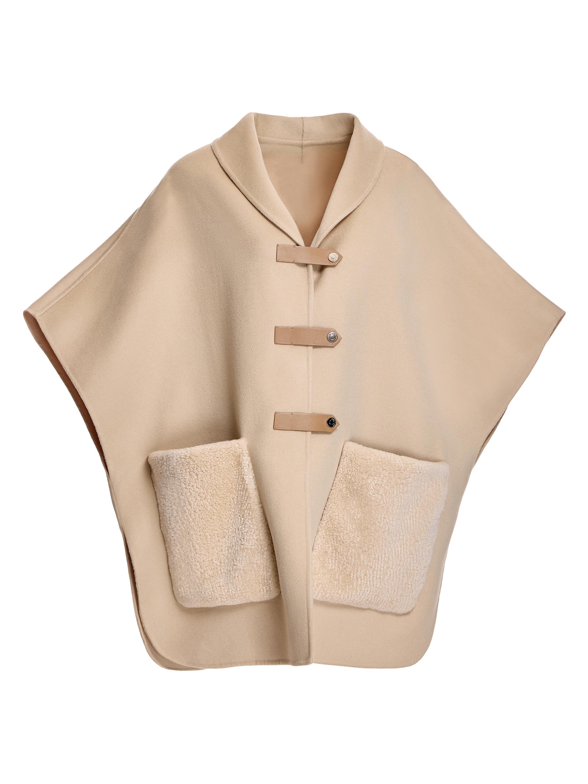 Maximilian Women's Shearling-Trim Wool Cape - Almond