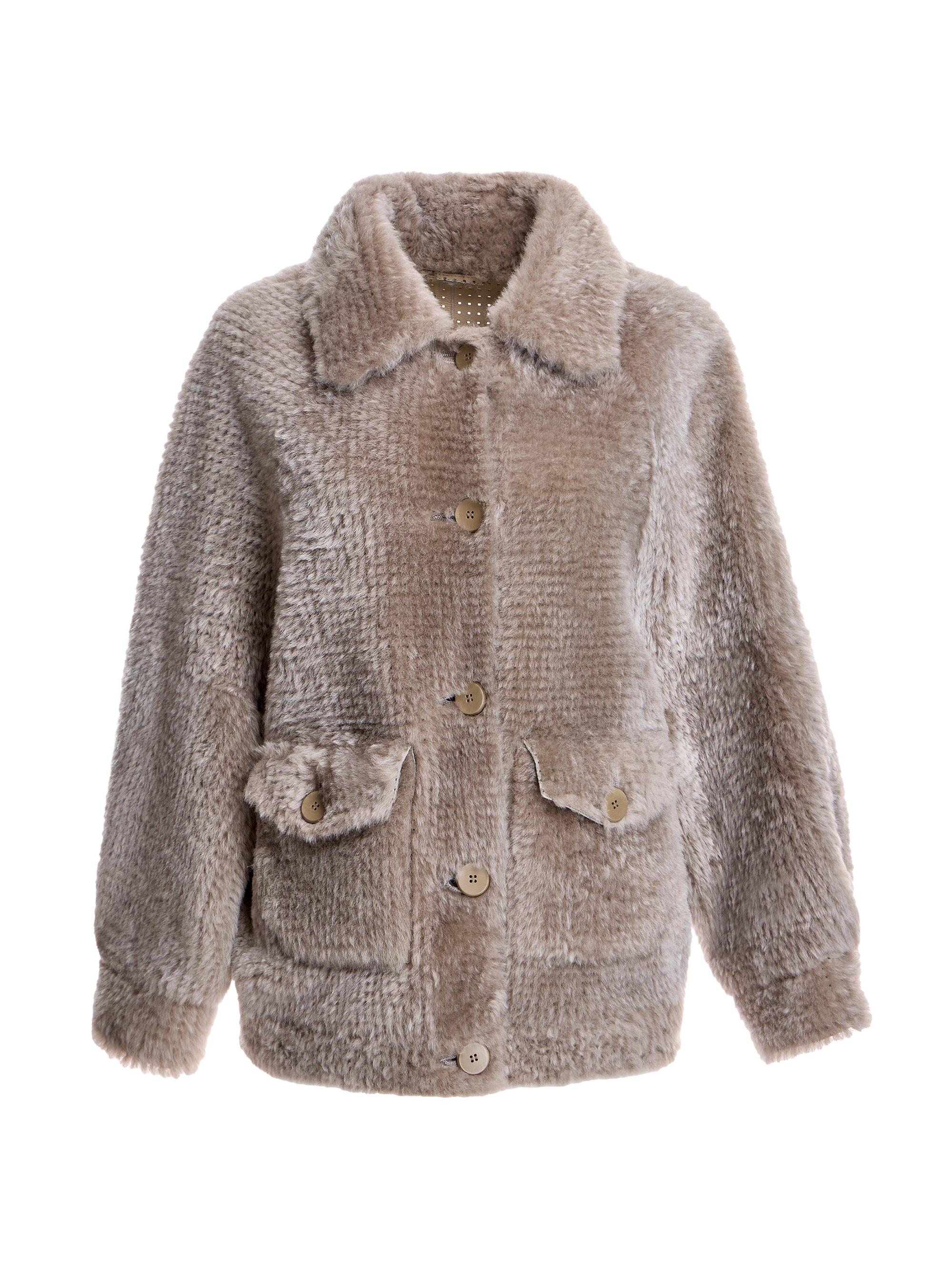 Maximilian Women's Oversized Shearling Button Jacket - Taupe