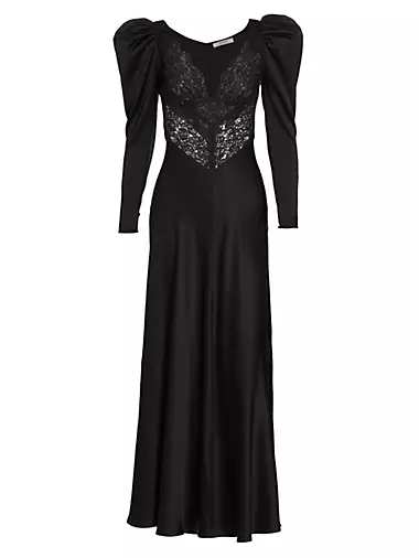 Embellished Satin Puff-Sleeve Gown