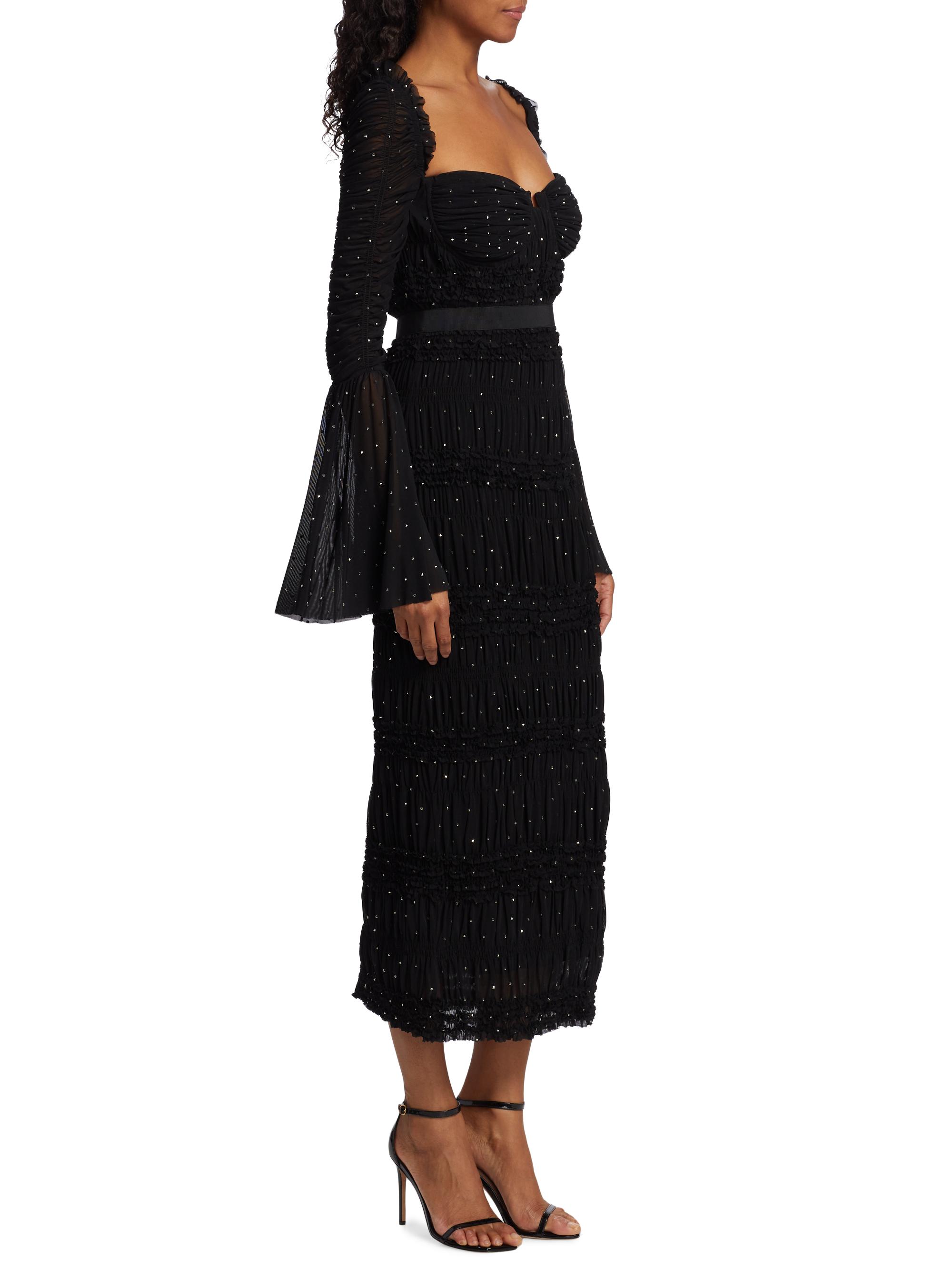 knee length dresses for ladies Black rhinestone mesh sweetheart midi dress SELF PORTRAIT Nero