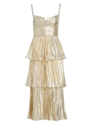 Self-Portrait Gold Metallic Tiered Midi Dress | Saks Fifth Avenue