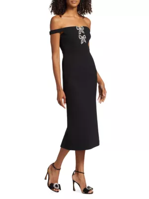 Shop Self-Portrait Diamanté Bow Crepe Off-the-Shoulder Midi Dress | Saks  Fifth Avenue