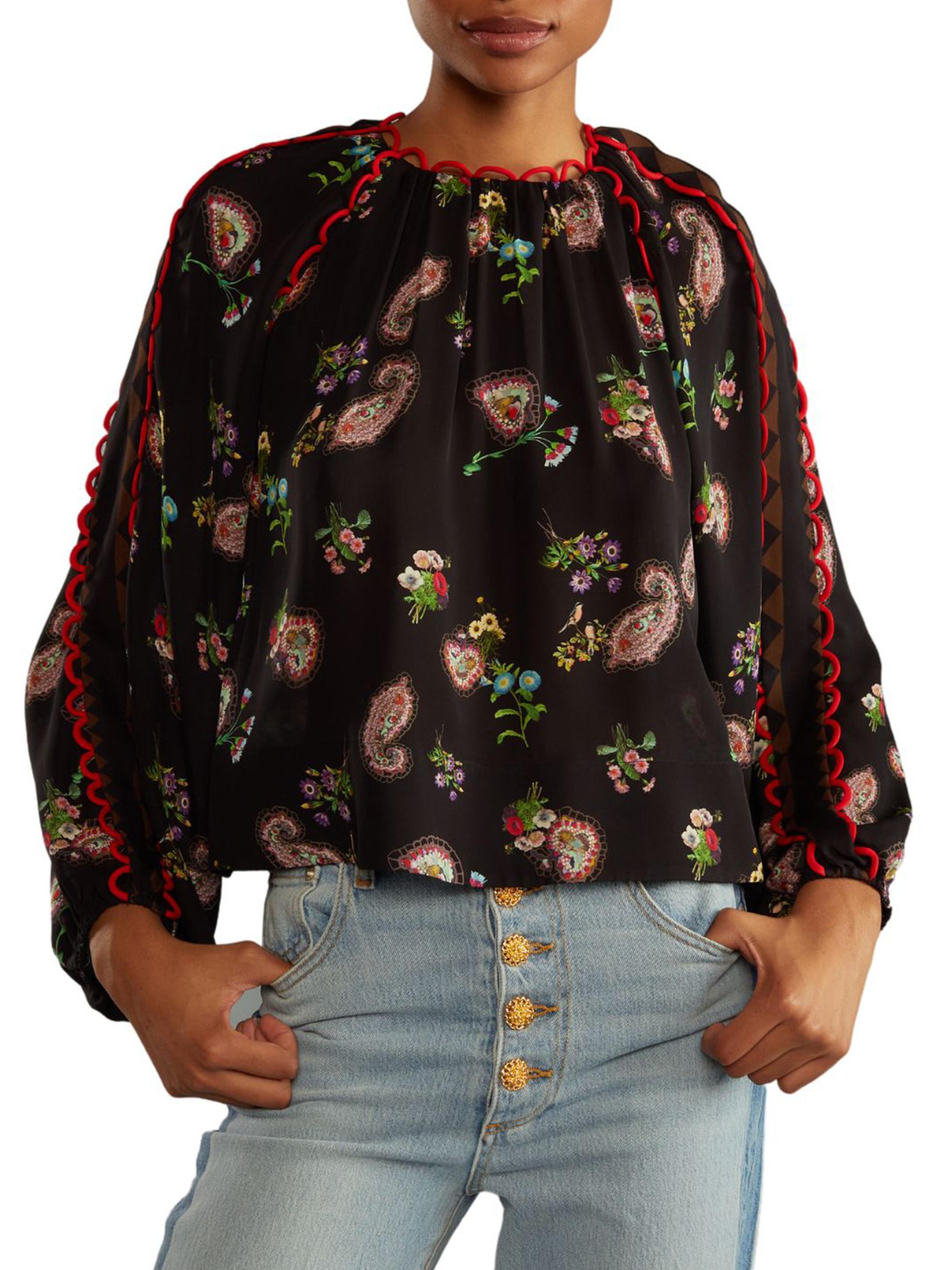 Cynthia Rowley Women's Paisley Loop-Trim Silk Blouse - Black Floral