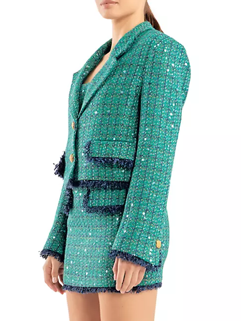 Endless Rose - Premium Cropped Sequin Tweed Jacket Green/Navy / M