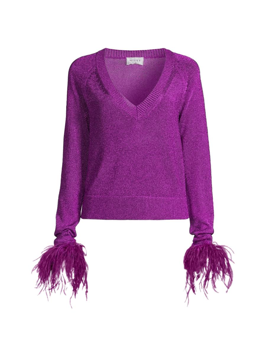 Milly Feather-Trimmed Metallic Knit Pullover Sweater | Saks