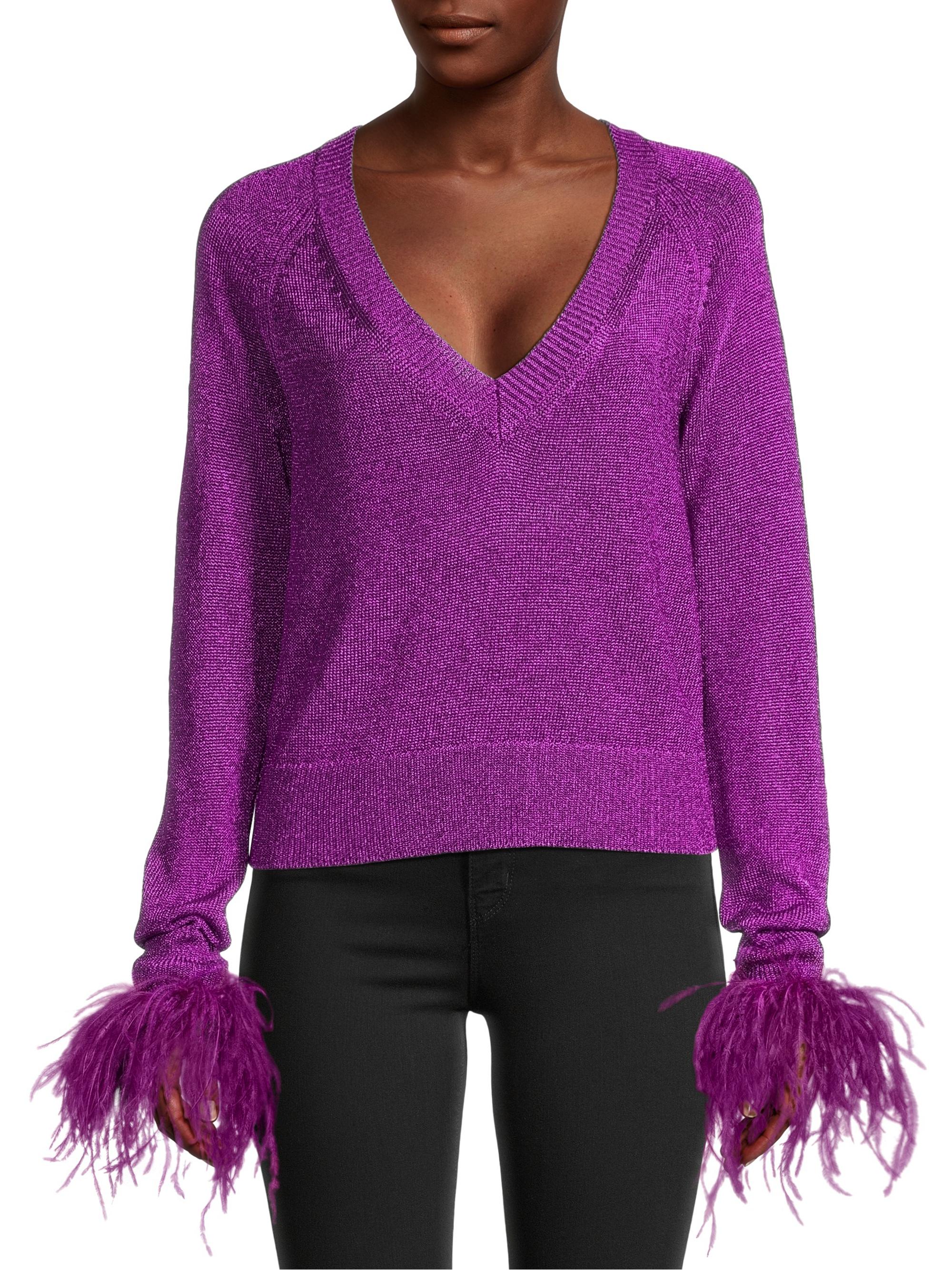 Milly Feather-Trimmed Metallic Knit Pullover Sweater | Saks Fifth