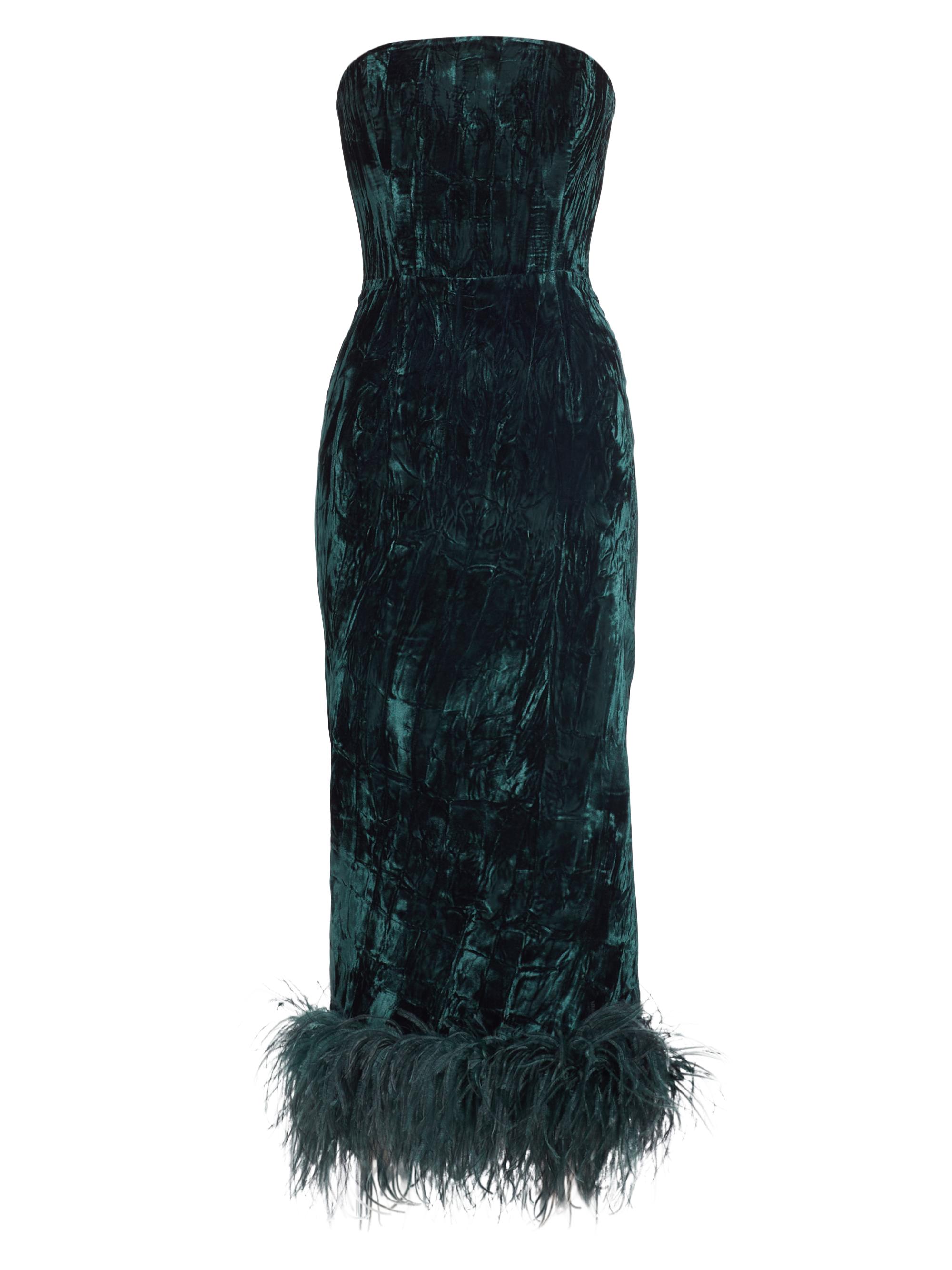 16Arlington Women's Minelli Velvet Feather-Hem Midi-Dress - Teal