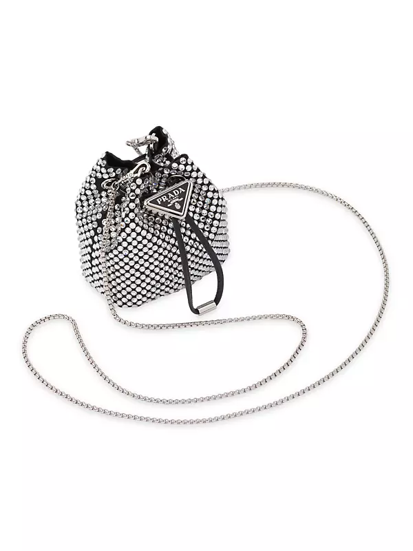 Mini crystal-embellished bucket bag in black - Prada