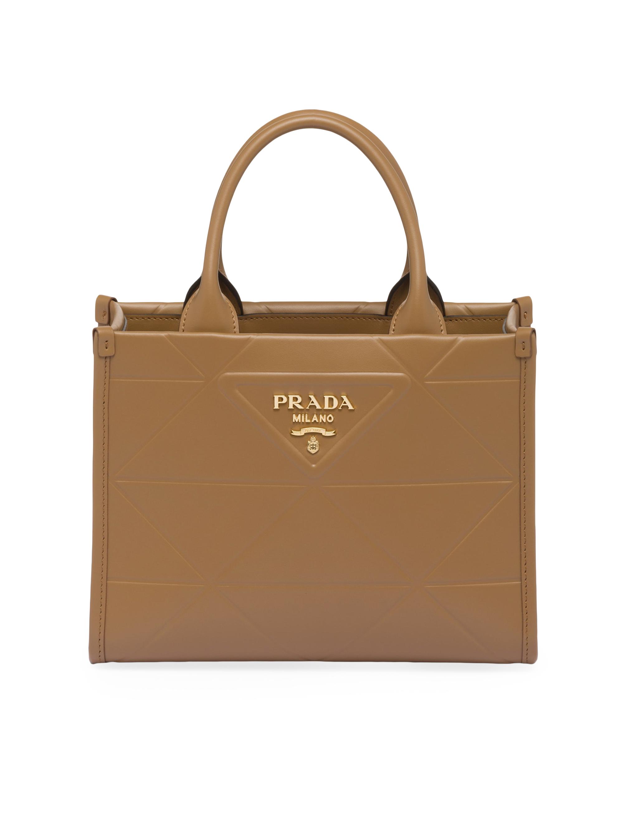 Prada Women's  Symbole Leather Top Handle Bag With Stitching - Brown
