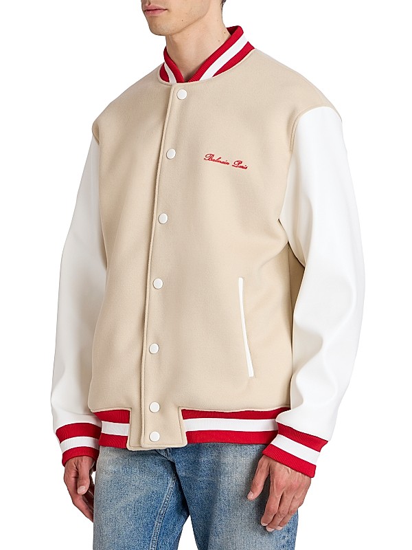 Shop Balmain Signature Logo Varsity Bomber Jacket | Saks Shop Balmain Signature Logo Varsity Bomber Jacket | Saks