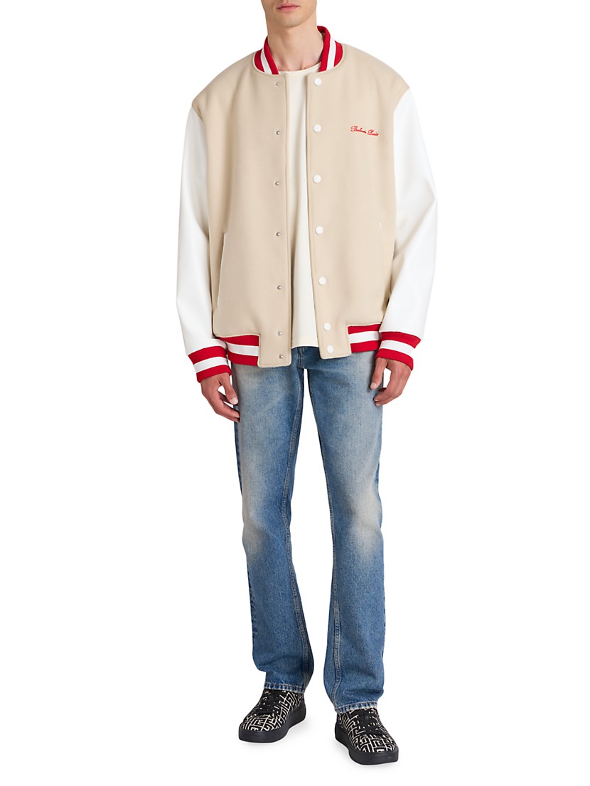 Shop Balmain Signature Logo Varsity Bomber Jacket | Saks Shop Balmain Signature Logo Varsity Bomber Jacket | Saks