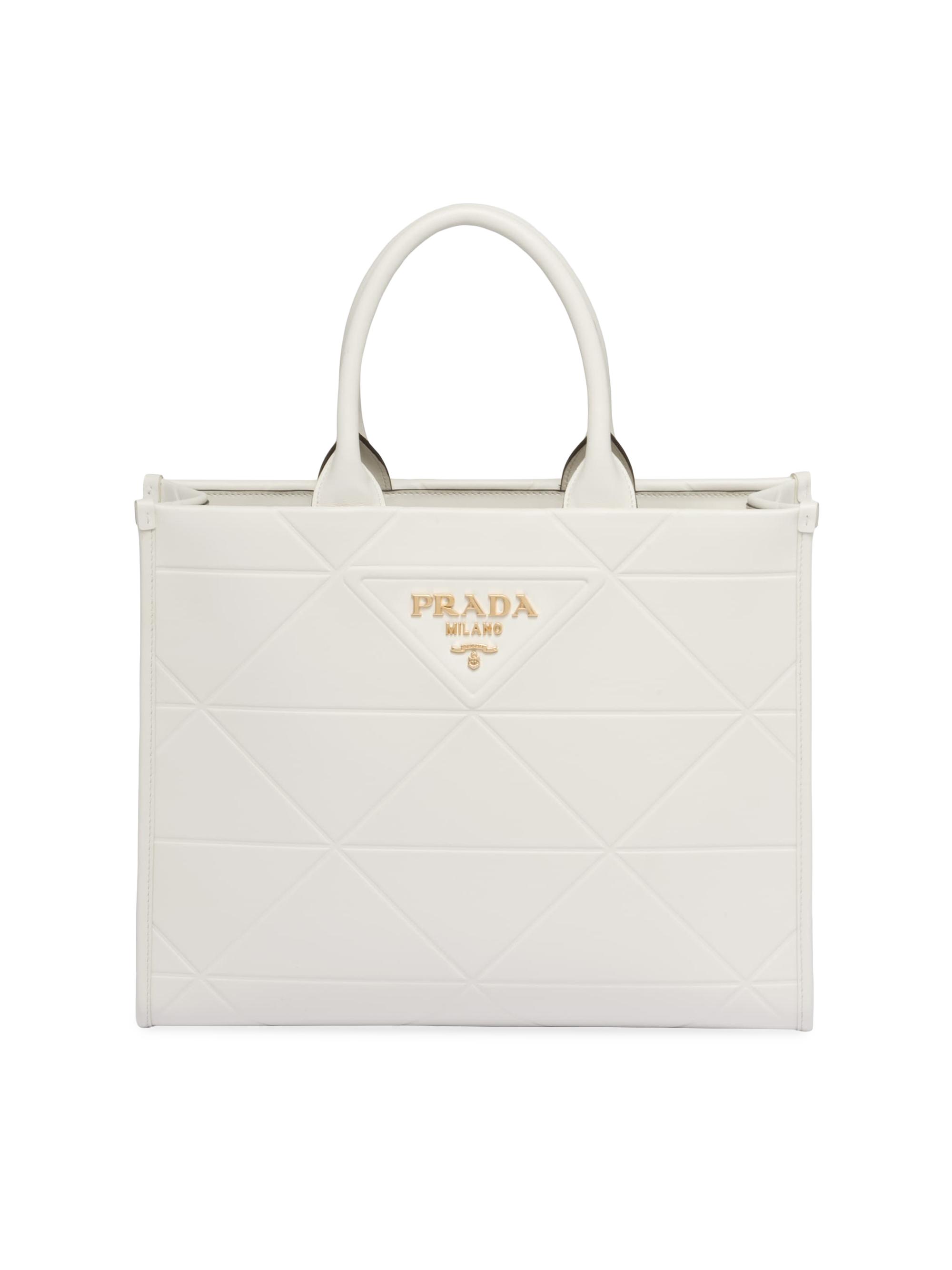 Prada Women's  Leather Symbole Tote Bag With Topstitching - White