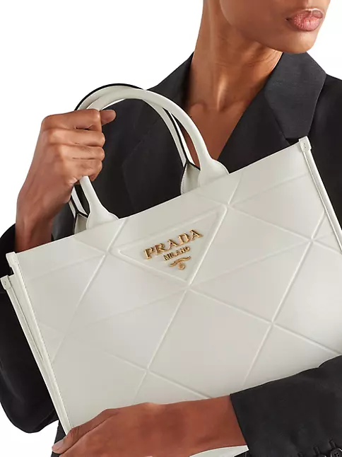Medium Leather Prada Symbole Bag with Topstitching, Women, White