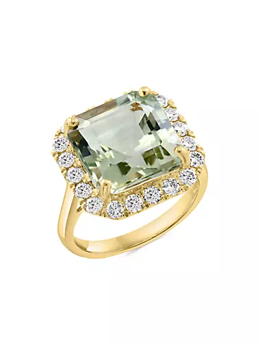 14K Yellow Gold, Green Amethyst & 0.78 TCW Diamond Halo Ring
