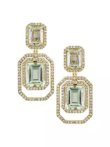 14K Yellow Gold, Green Amethyst & 0.79 TCW Diamond Drop Earrings