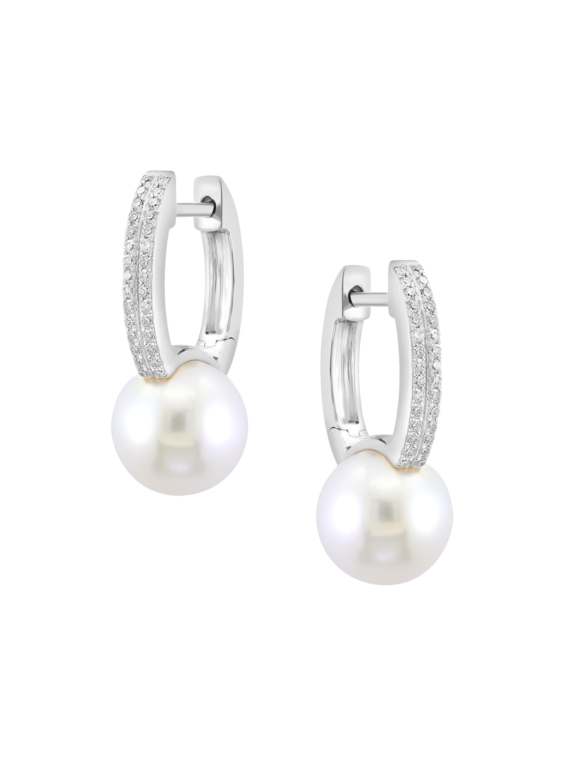 Saks Fifth Avenue Collection Women's 14K White Gold, Freshwater Pearl & 0.17 TCW Diamond Huggie Hoop Earrings - White Gold