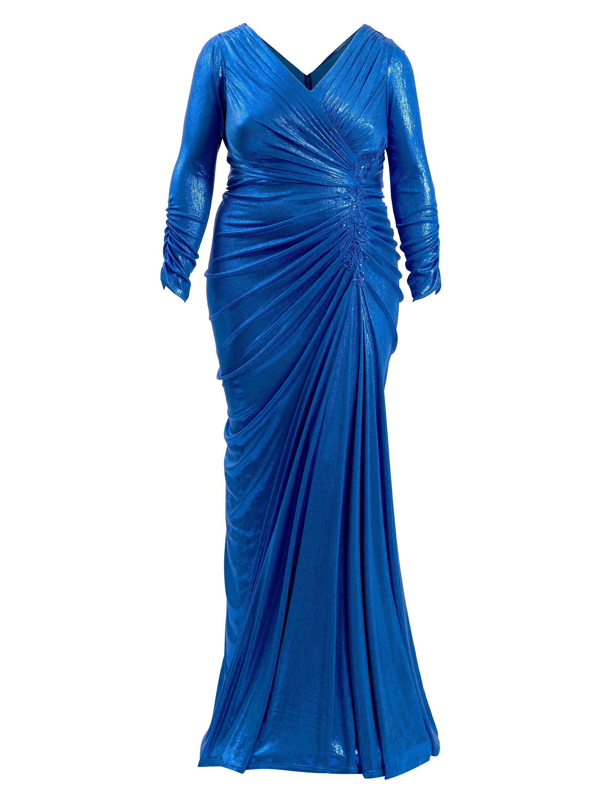 Tadashi Shoji Women's Plus Metallic Jersey Gathered Gown - Pacific Blue