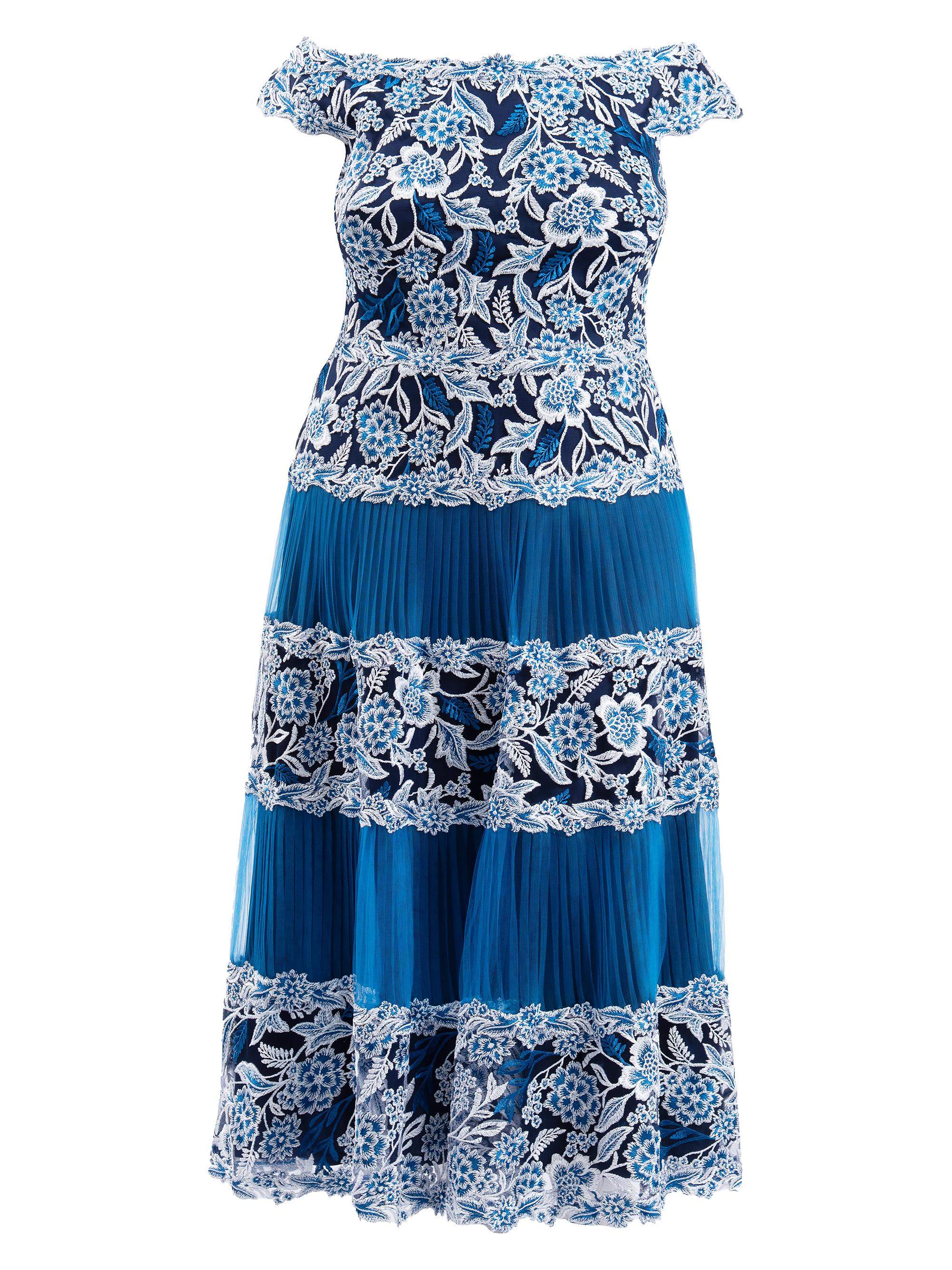 Tadashi Shoji Women's Plus Off-the-Shoulder Embroidered Midi-Dress - Pacific Blue