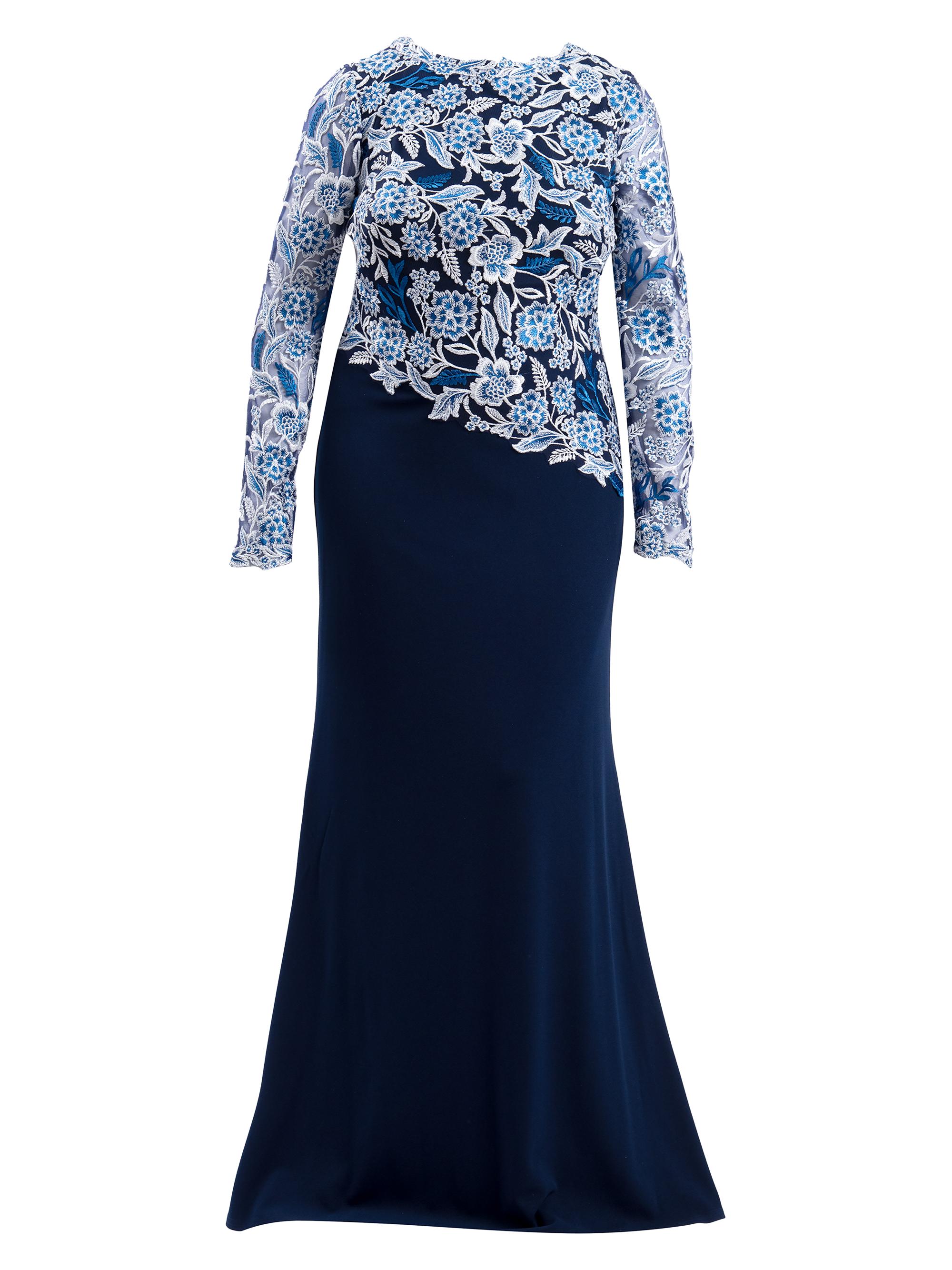 Tadashi Shoji Women's Plus Embroidered Lace & Crepe Asymmetric Gown - Pacific Blue