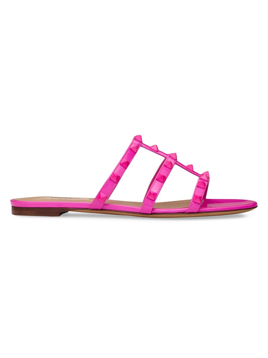 サンダル・ミュール VALENTINO Antiqued pink leather Rockstud slippers Valentino Garavani Rockstud Patent Leather Slides | Saks