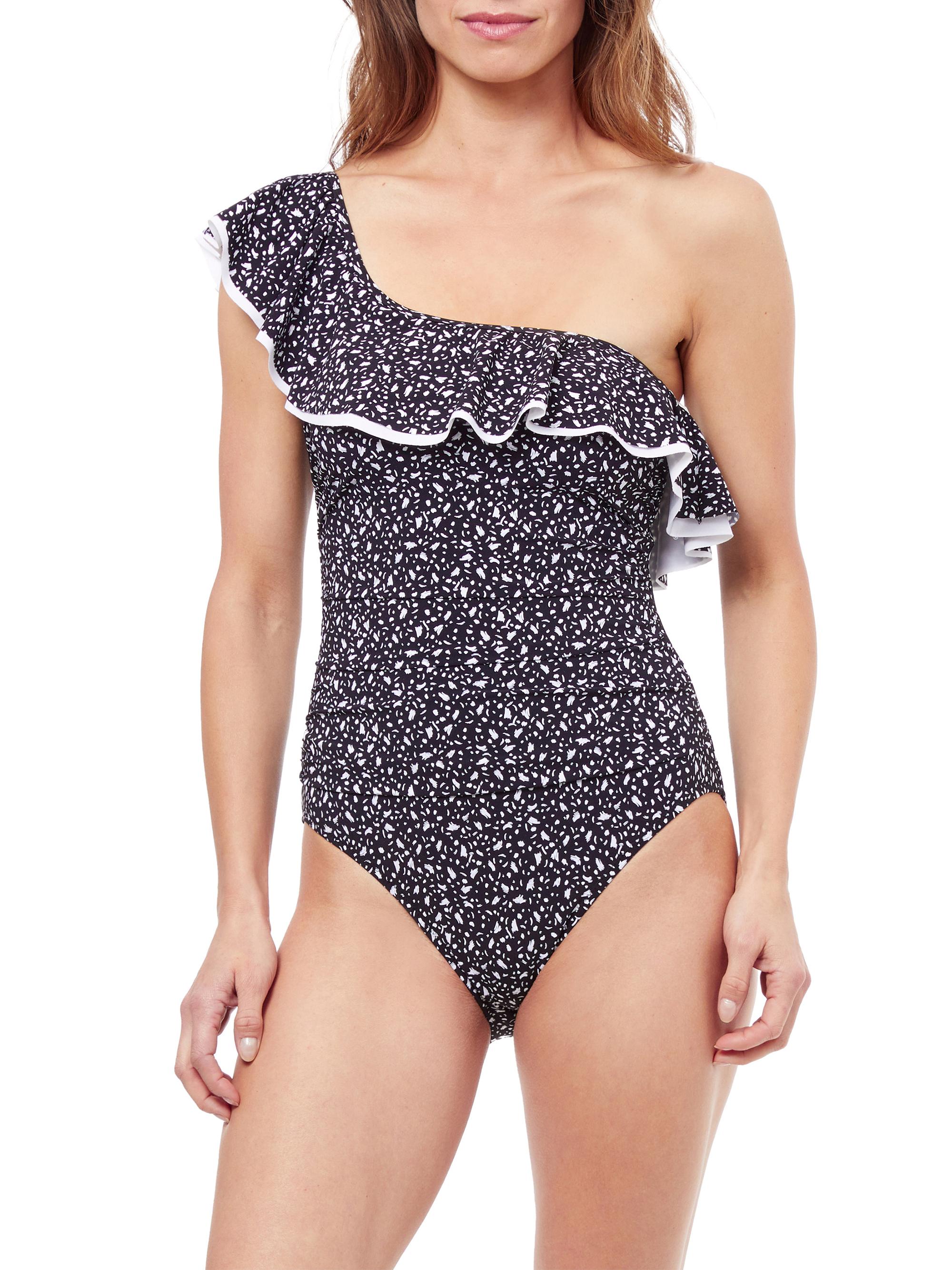 Profile By Gottex Women's Bash Spotted Flounce One-Piece Swimsuit - Black White