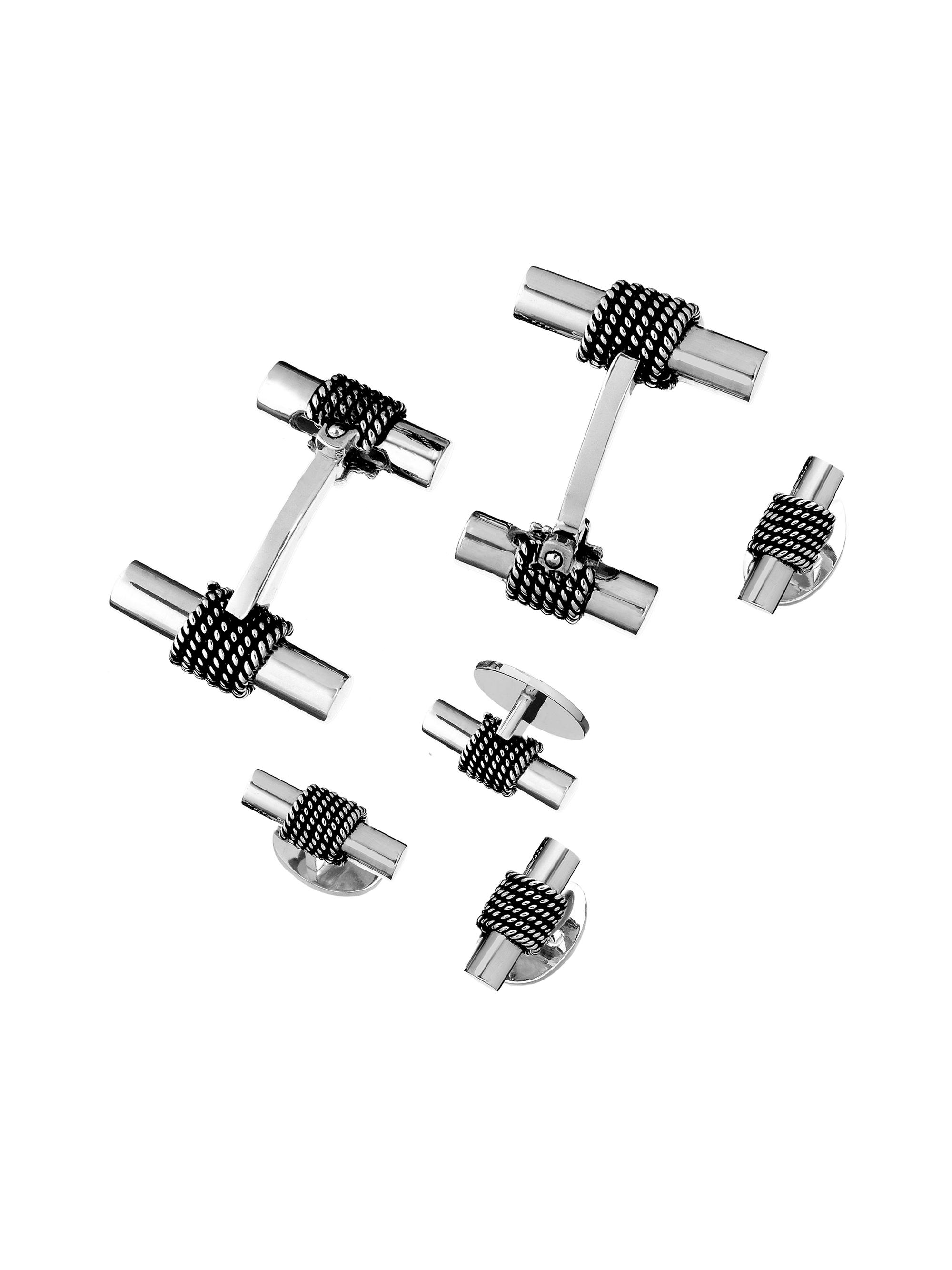 Jan Leslie Men's Rope Tube Cufflinks & Tuxedo Studs - Silver