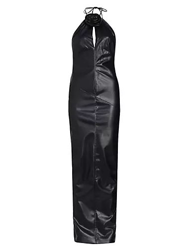 Retha Vegan Leather Lace Maxi Dress In Black