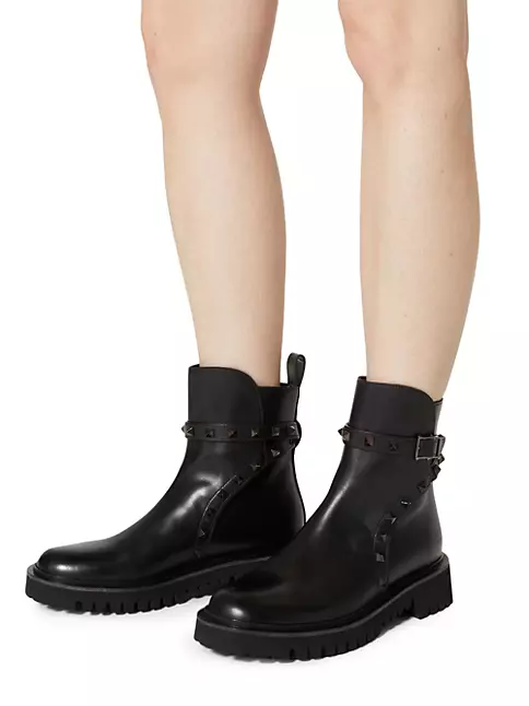 Valentino Garavani Leather Chelsea Boots with Rockstud Wrap, 0No Nero, Women's, 9.5b / 39.5EU, Boots Chelsea Boots