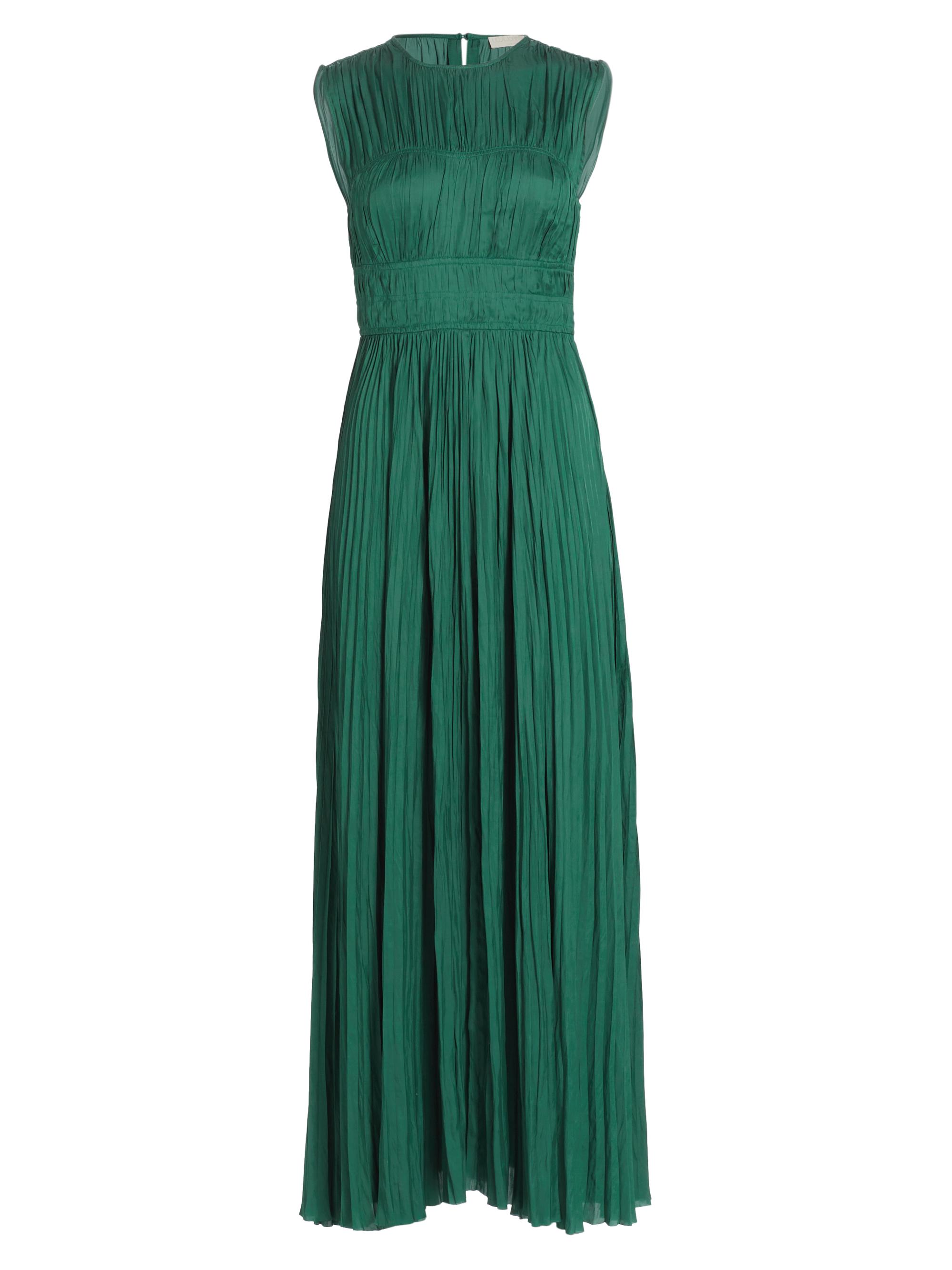 green emerald velvet dress Ulla Johnson Lisbet Women's Green Satin Jewel-Tone Round Neck Sleeveless  Ladder Stitching Midi Dress